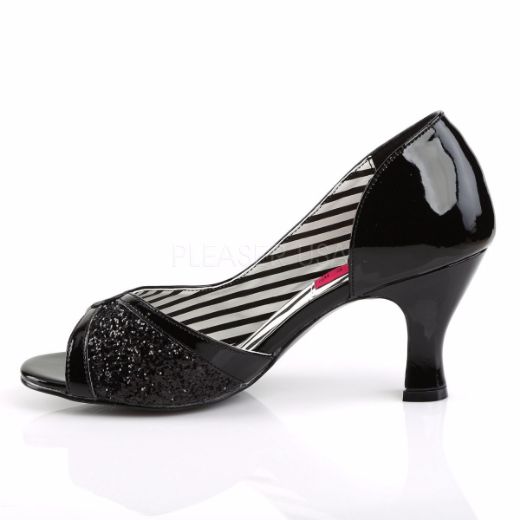Product image of Pleaser Pink Label Jenna-03 Black Patent-Black Glitter, 3 inch (7.6 cm) Heel Court Pump Shoes