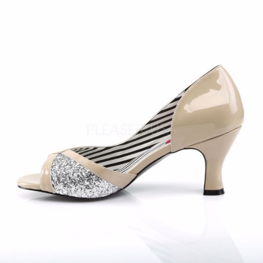 Product image of Pleaser Pink Label Jenna-03 Cream Patent-Silver Glitter, 3 inch (7.6 cm) Heel Court Pump Shoes