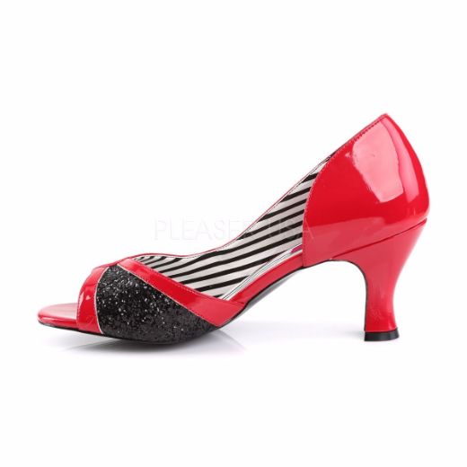 Product image of Pleaser Pink Label Jenna-03 Red Patent-Black Glitter, 3 inch (7.6 cm) Heel Court Pump Shoes