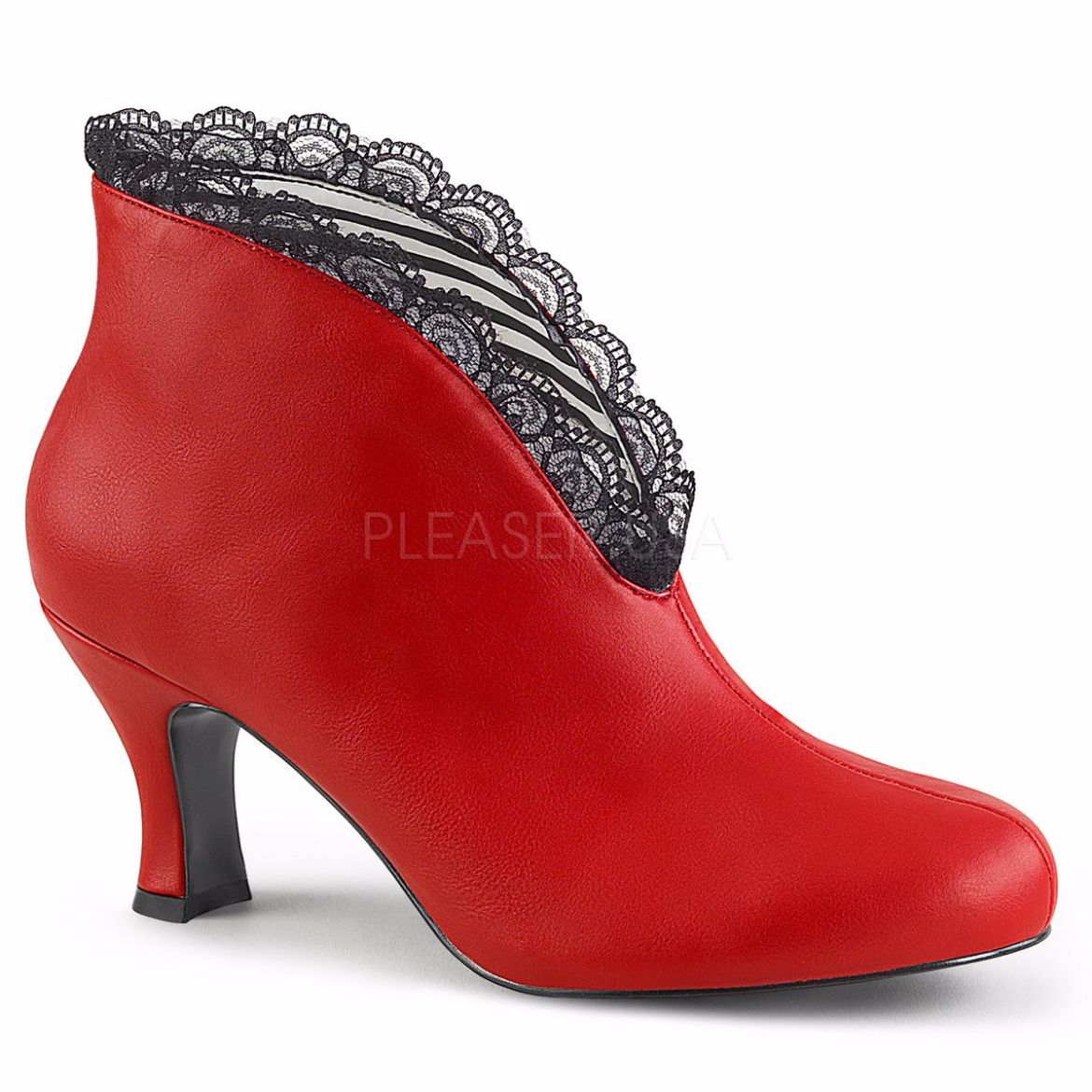 Product image of Pleaser Pink Label Jenna-105 Red Fuax Leather-Black Lace, 3 inch (7.6 cm) Heel Ankle Boot