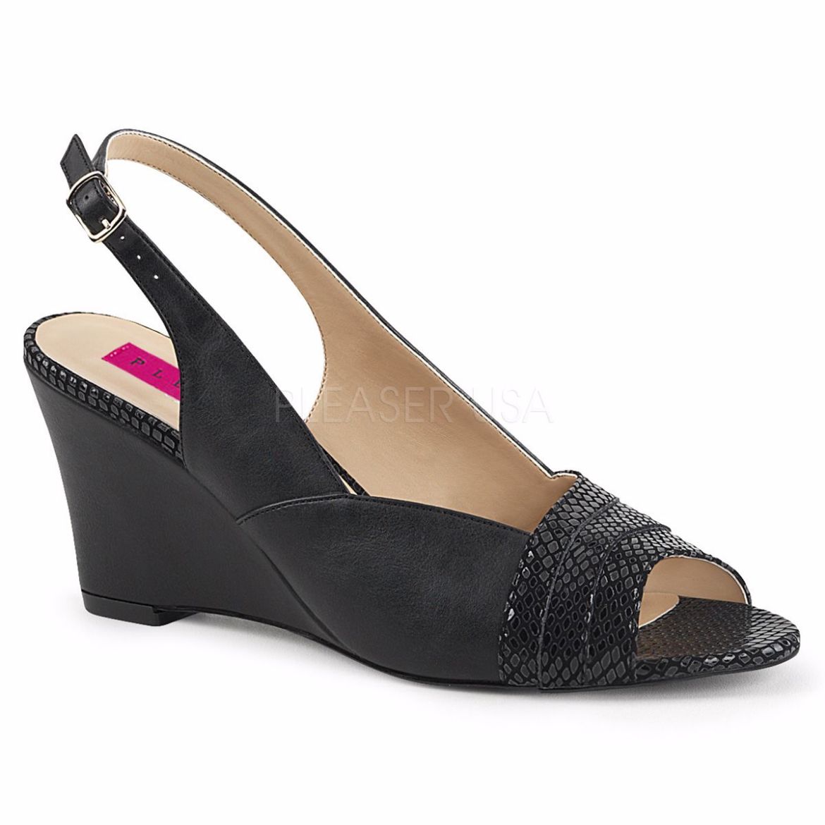 Product image of Pleaser Pink Label Kimberly-01Sp Black Faux Leather, 3 inch (7.6 cm) Wedge Sandal Shoes