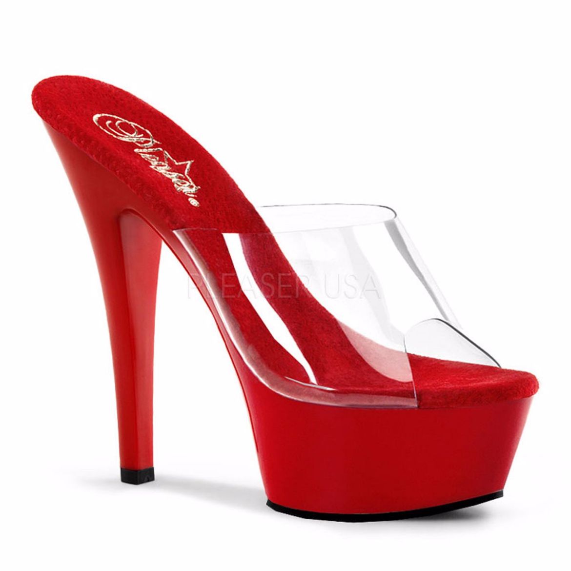 Product image of Pleaser Kiss-201 Clear/Red, 6 inch (15.2 cm) Heel, 1 3/4 inch (4.4 cm) Platform Slide Mule Shoes