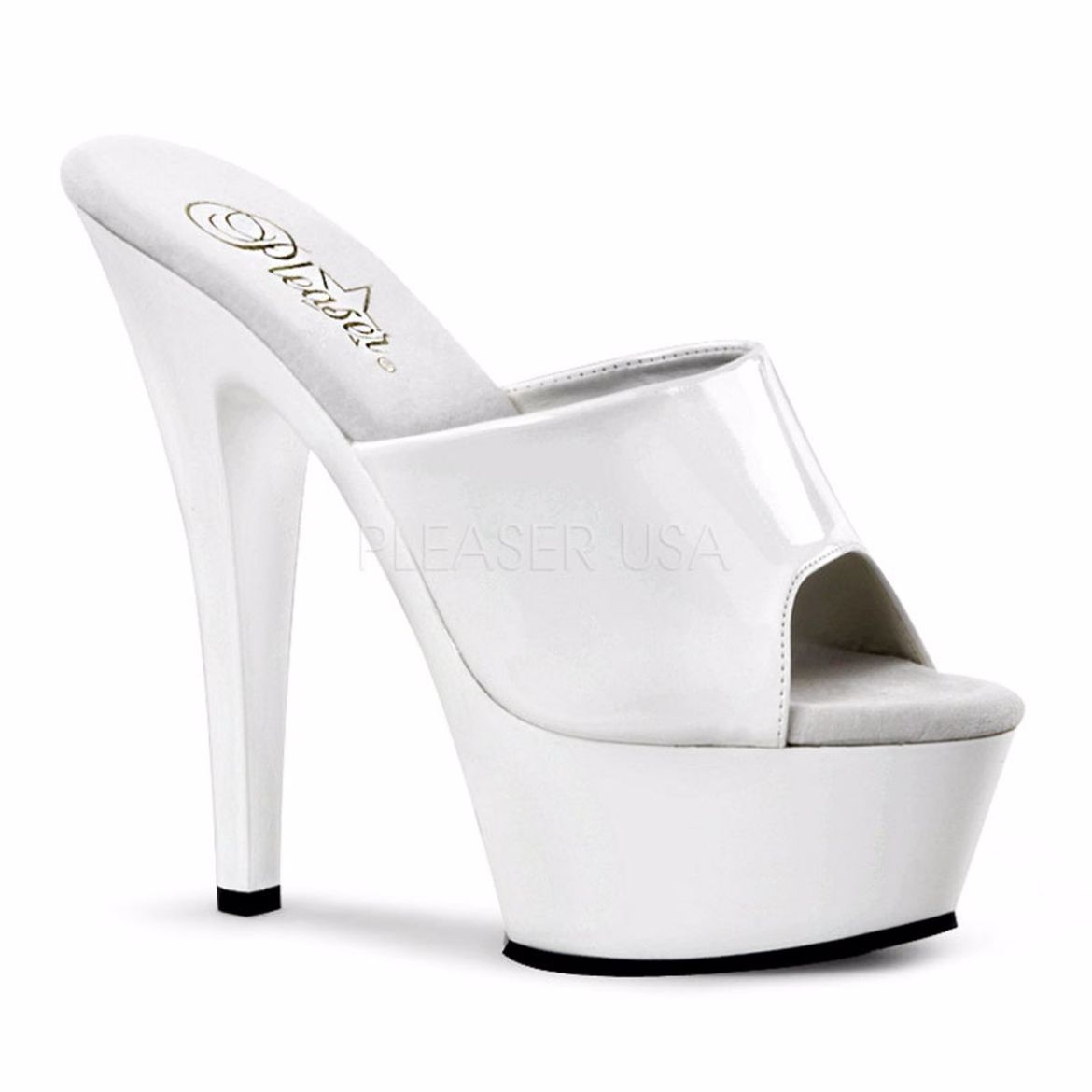 Product image of Pleaser Kiss-201 White Patent/White, 6 inch (15.2 cm) Heel, 1 3/4 inch (4.4 cm) Platform Slide Mule Shoes