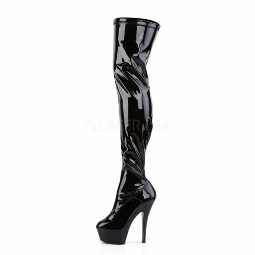 Product image of Pleaser Kiss-3000 Black Stretch Patent/Black, 6 inch (15.2 cm) Heel, 1 3/4 inch (4.4 cm) Platform Thigh High Boot