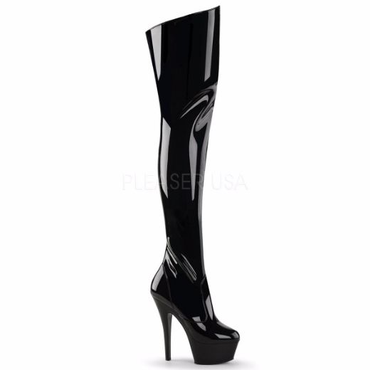 Product image of Pleaser Kiss-3010 Black Patent/Black, 6 inch (15.2 cm) Heel, 1 3/4 inch (4.4 cm) Platform Thigh High Boot