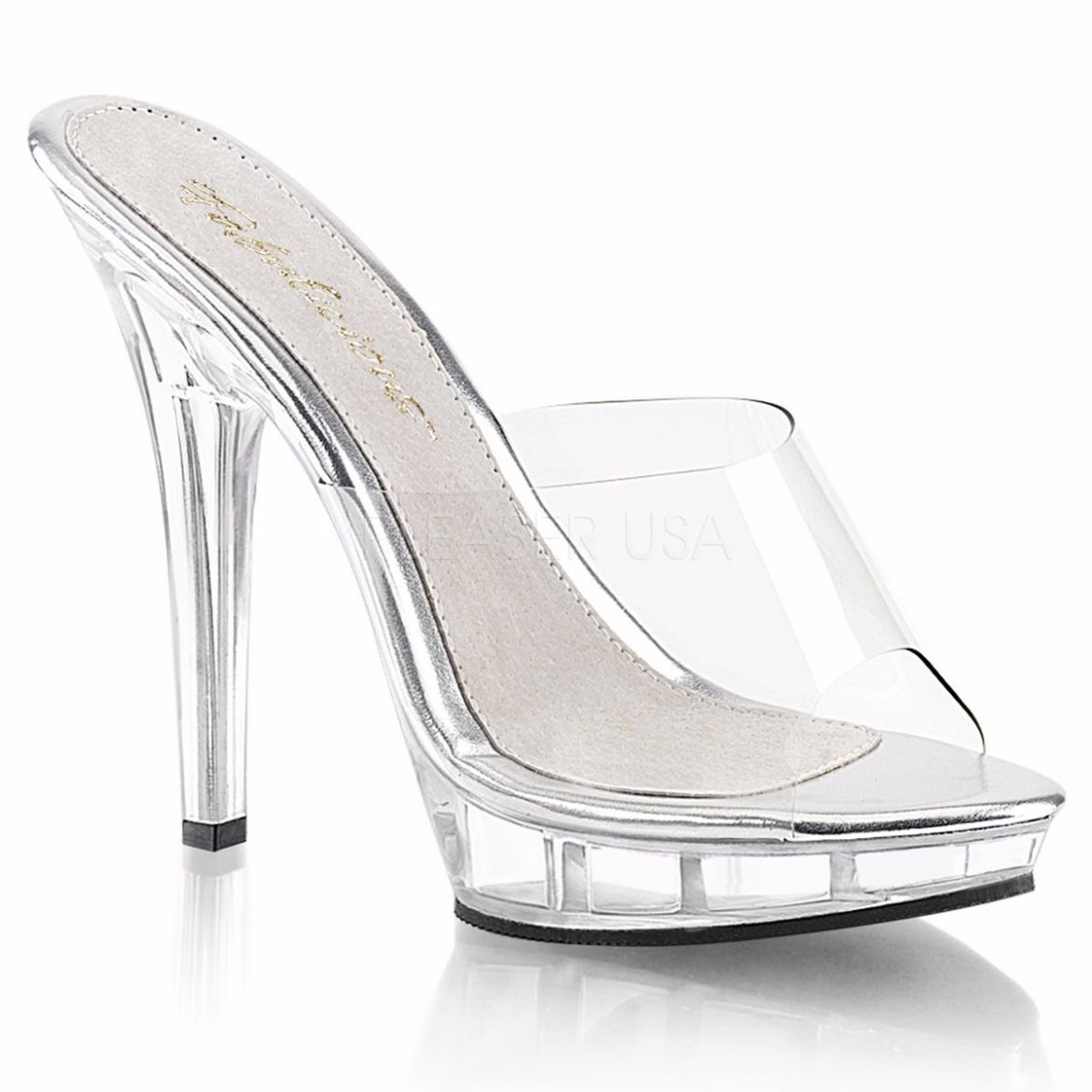 Product image of Fabulicious Lip-101 Clear/Clear, 5 inch (12.7 cm) Heel, 3/4 inch (1.9 cm) Platform Slide Mule Shoes