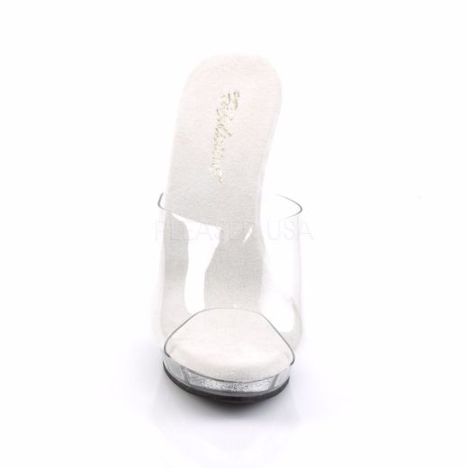 Product image of Fabulicious Lip-101 Clear/Silver Glitter, 5 inch (12.7 cm) Heel, 3/4 inch (1.9 cm) Platform Slide Mule Shoes