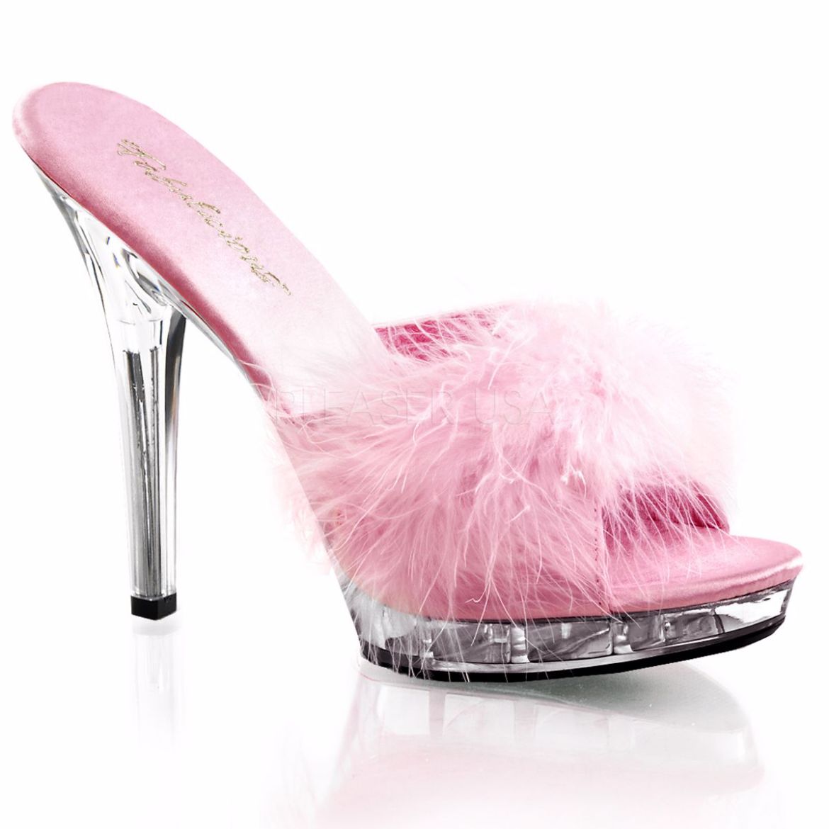 Product image of Fabulicious Lip-101-8 Baby Pink Satin-Fur/Clear, 5 inch (12.7 cm) Heel, 3/4 inch (1.9 cm) Platform Slide Mule Shoes