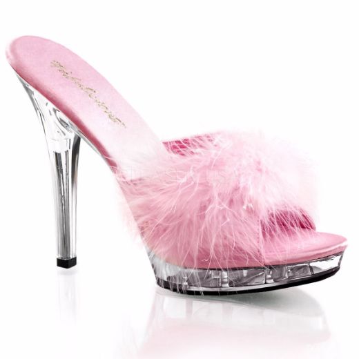 Product image of Fabulicious Lip-101-8 Baby Pink Satin-Fur/Clear, 5 inch (12.7 cm) Heel, 3/4 inch (1.9 cm) Platform Slide Mule Shoes