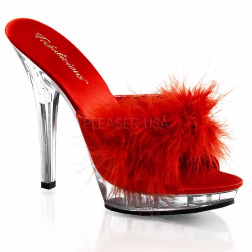 Product image of Fabulicious Lip-101-8 Red Satin-Fur/Clear, 5 inch (12.7 cm) Heel, 3/4 inch (1.9 cm) Platform Slide Mule Shoes