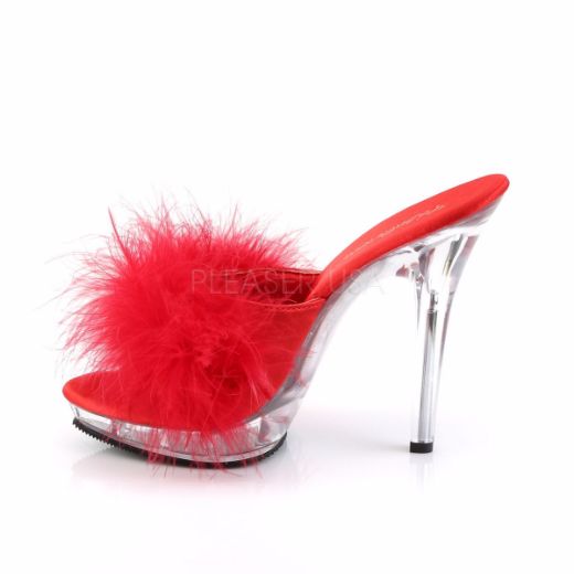 Product image of Fabulicious Lip-101-8 Red Satin-Fur/Clear, 5 inch (12.7 cm) Heel, 3/4 inch (1.9 cm) Platform Slide Mule Shoes