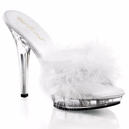 Product image of Fabulicious Lip-101-8 White Satin-Fur/Clear, 5 inch (12.7 cm) Heel, 3/4 inch (1.9 cm) Platform Slide Mule Shoes