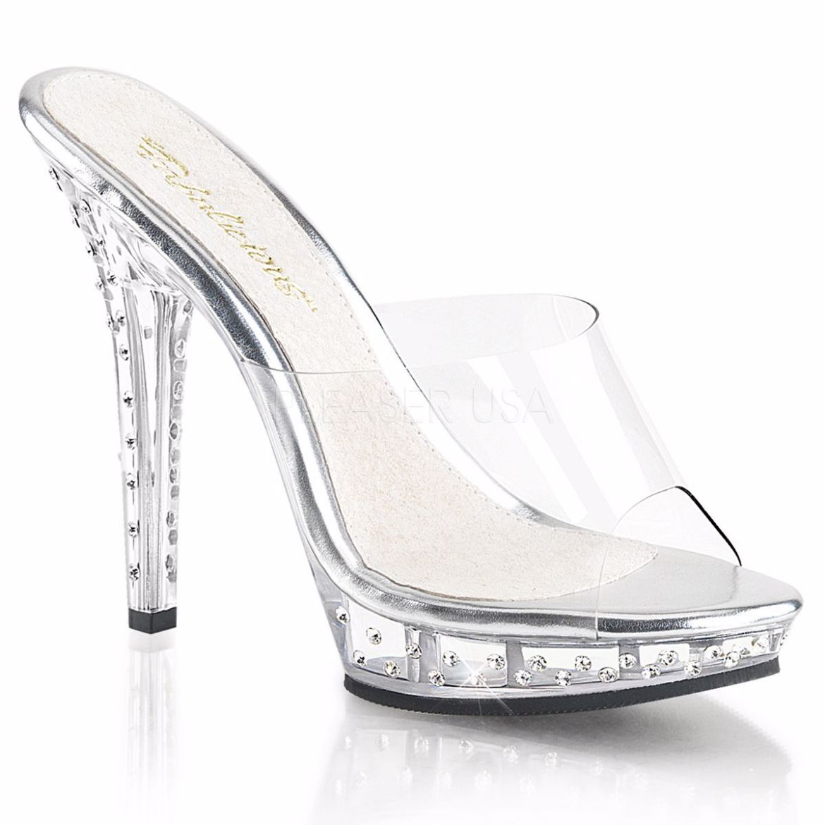 Product image of Fabulicious Lip-101Sdt Clear/Clear, 5 inch (12.7 cm) Heel, 3/4 inch (1.9 cm) Platform Slide Mule Shoes