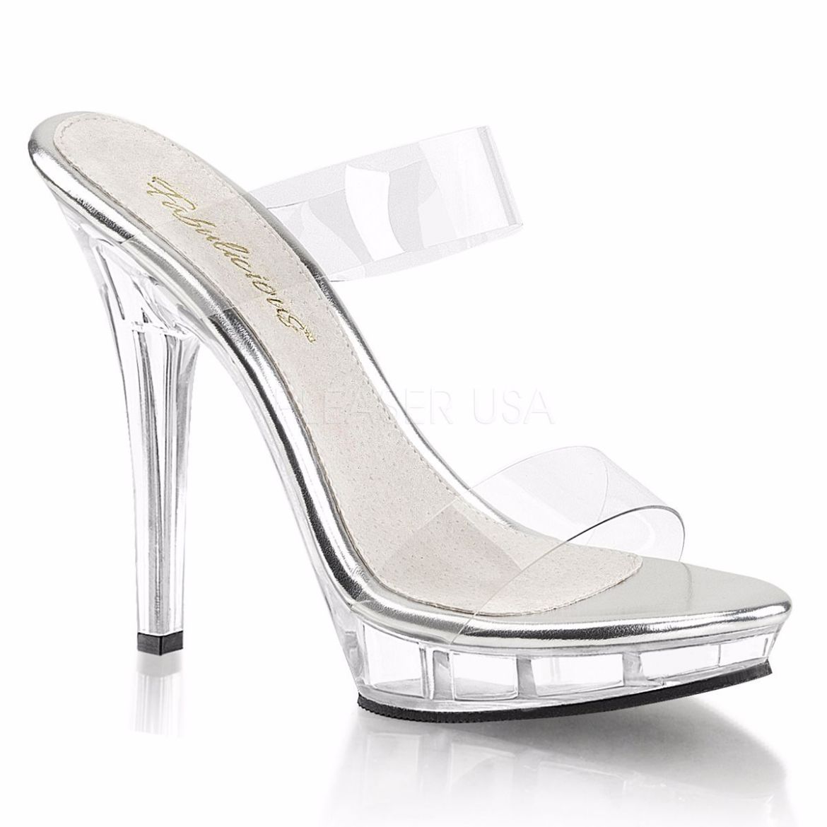Product image of Fabulicious Lip-102-1 Clear/Clear, 5 inch (12.7 cm) Heel, 3/4 inch (1.9 cm) Platform Slide Mule Shoes