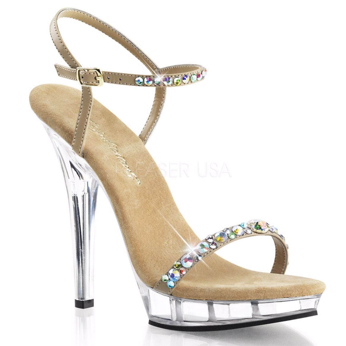 Product image of Fabulicious Lip-131 Taupe Pu/Clear, 5 inch (12.7 cm) Heel, 3/4 inch (1.9 cm) Platform Sandal Shoes