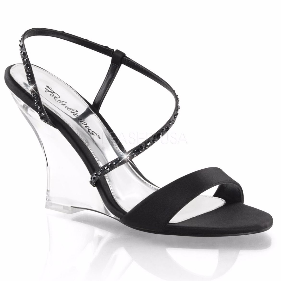 Product image of Fabulicious Lovely-417 Black Satin/Clear, 4 inch (10.2 cm) Wedge Sandal Shoes