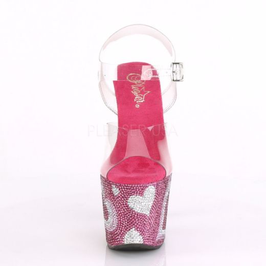Product image of Pleaser Lovesick-708Heart Clear/Hot Pink-White Rhinestone, 7 inch (17.8 cm) Heel, 3 1/4 inch (8.3 cm) Platform Sandal Shoes