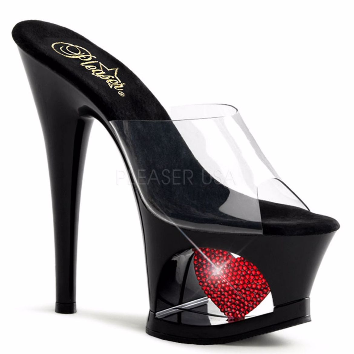 Product image of Pleaser Moon-701Hrs Clear/Black-Red, 7 inch (17.8 cm) Heel, 2 3/4 inch (7 cm) Platform Slide Mule Shoes