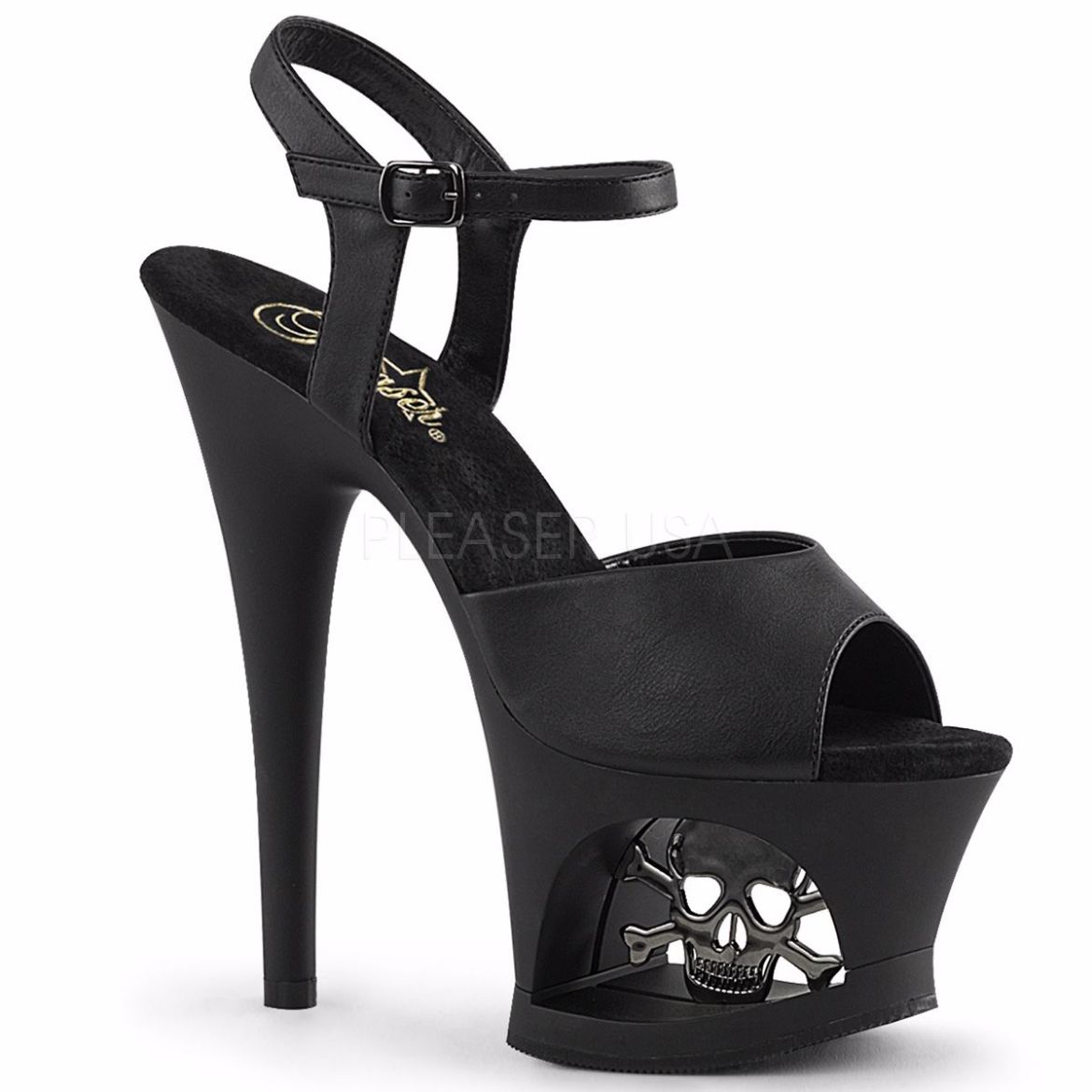 Product image of Pleaser Moon-709Sk Black Faux Leather/Black Matte, 7 inch (17.8 cm) Heel, 2 3/4 inch (7 cm) Platform Sandal Shoes
