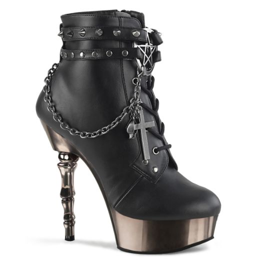 Product image of Demonia Muerto-1001 Black Faux Leather/Pewter Chrome, 5 1/2 inch (14 cm) Heel, 1 1/2 inch (3.8 cm) Platform Ankle Boot