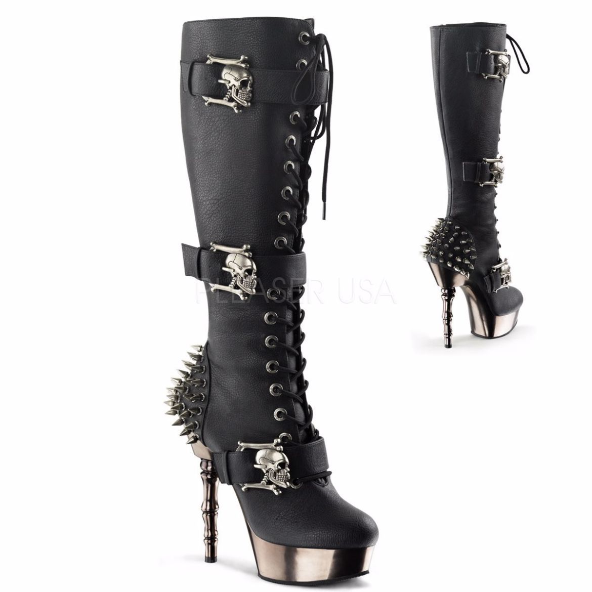 Product image of Demonia Muerto-2028 Black Vegan Leather/Pewter Chrome, 5 1/2 inch (14 cm) Heel, 1 1/2 inch (3.8 cm) Platform Knee High Boot