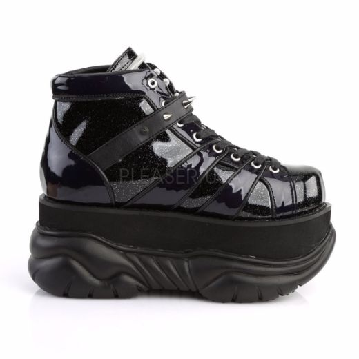 Product image of Demonia Neptune-100 Black Glitter-Silver/Vegan Leather, 3 inch Platform Ankle Boot