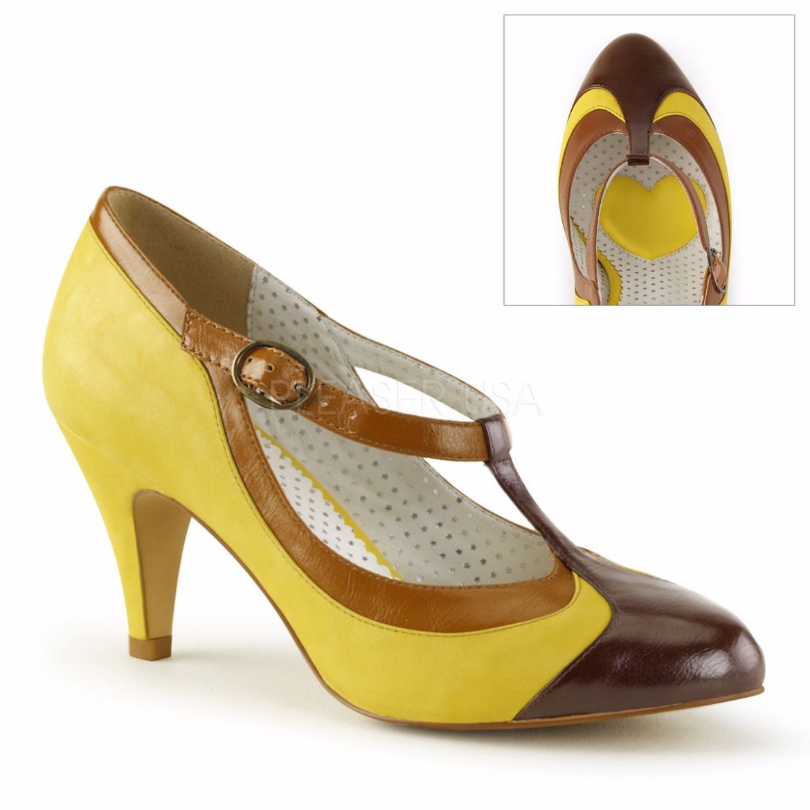 Product image of Pin Up Couture Peach-03 Yellow Multi Faux Leather, 3 inch (7.6 cm) Heel T-Strap Court Pump Shoes