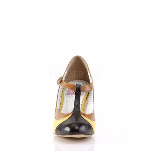 Product image of Pin Up Couture Peach-03 Yellow Multi Faux Leather, 3 inch (7.6 cm) Heel T-Strap Court Pump Shoes