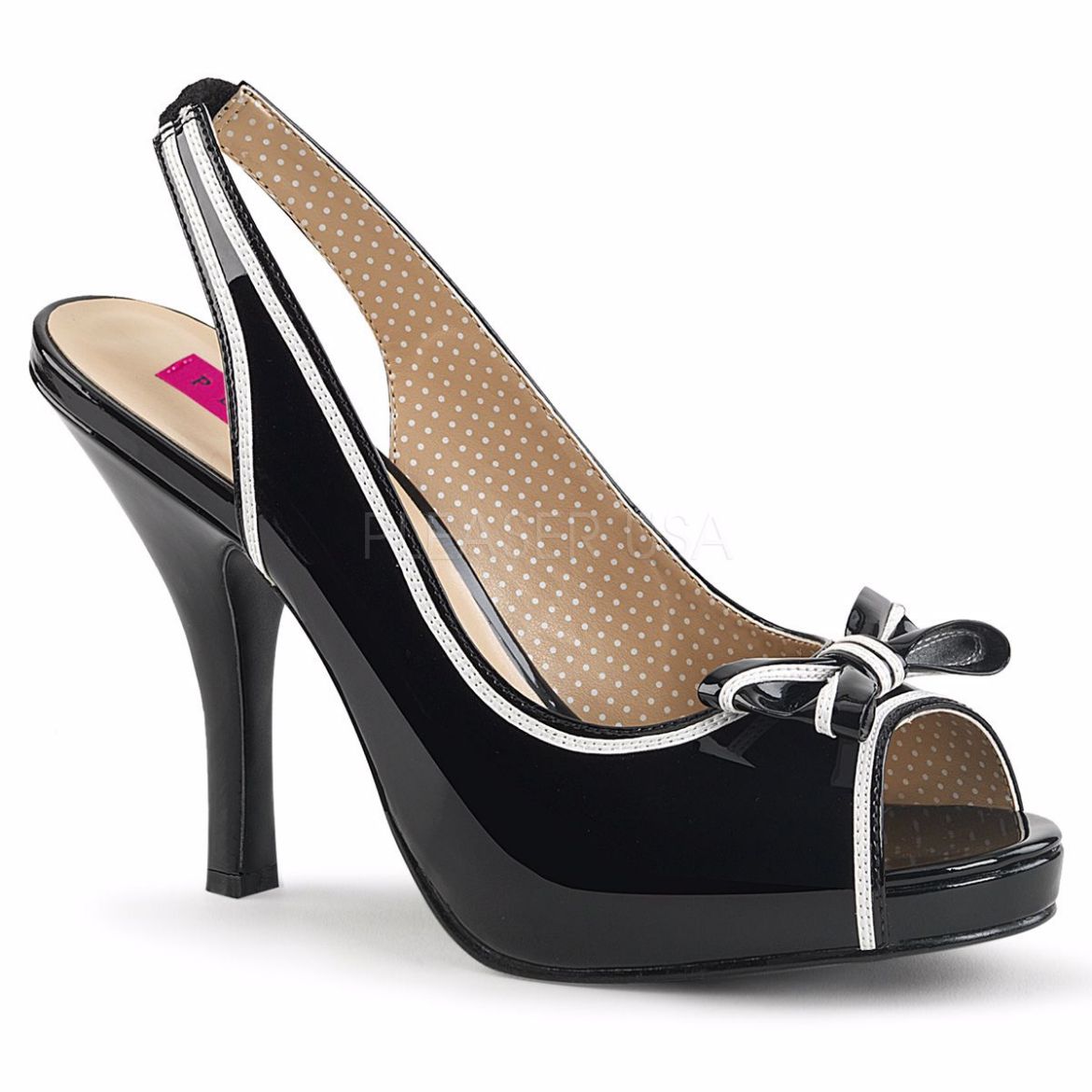 Product image of Pleaser Pink Label Pinup-10 Black-White Patent, 4 1/2 inch (11.4 cm) Heel, 3/4 inch (1.9 cm) Platform Sandal Shoes