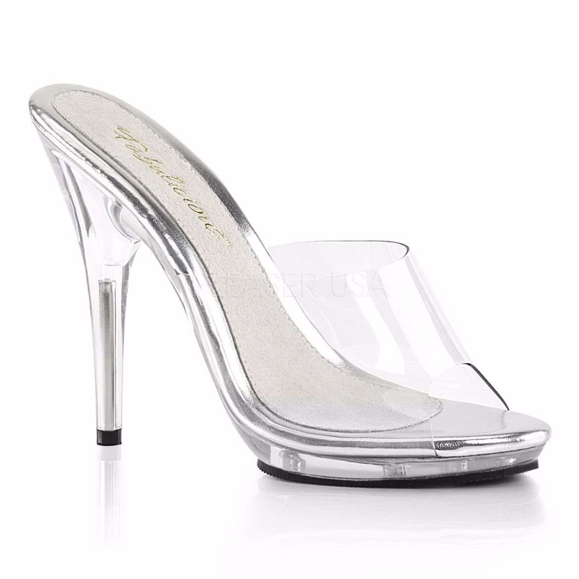 Product image of Fabulicious Poise-501 Clear/Clear, 5 inch (12.7 cm) Heel, 3/8 inch (1 cm) Platform Slide Mule Shoes