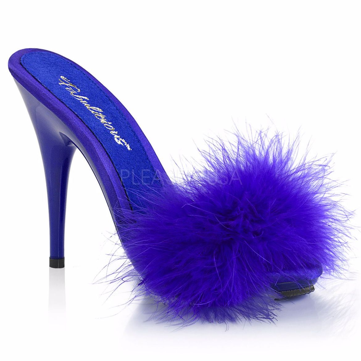 Product image of Fabulicious Poise-501F Blue Satin-Marabou Fur/Blue, 5 inch (12.7 cm) Heel, 3/8 inch (1 cm) Platform Sandal Shoes