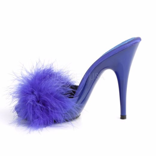 Product image of Fabulicious Poise-501F Blue Satin-Marabou Fur/Blue, 5 inch (12.7 cm) Heel, 3/8 inch (1 cm) Platform Sandal Shoes