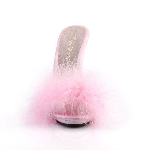 Product image of Fabulicious Poise-501F Baby Pink Satin-Marabou Fur/Baby Pink, 5 inch (12.7 cm) Heel, 3/8 inch (1 cm) Platform Sandal Shoes