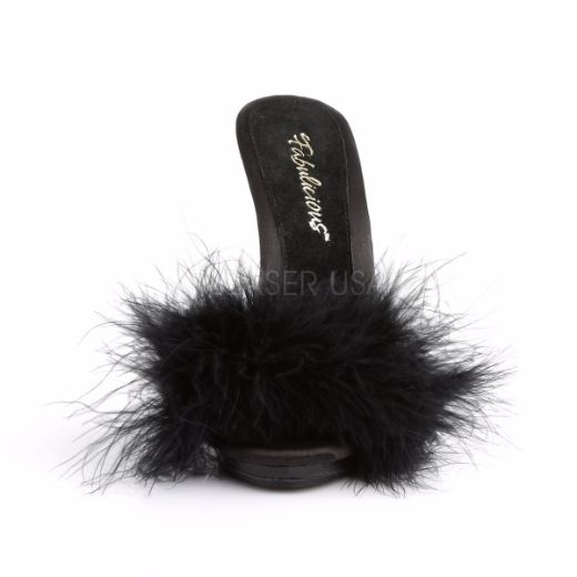 Product image of Fabulicious Poise-501F Black Satin-Marabou Fur/Black, 5 inch (12.7 cm) Heel, 3/8 inch (1 cm) Platform Sandal Shoes