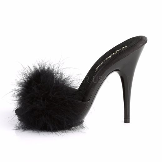Product image of Fabulicious Poise-501F Black Satin-Marabou Fur/Black, 5 inch (12.7 cm) Heel, 3/8 inch (1 cm) Platform Sandal Shoes