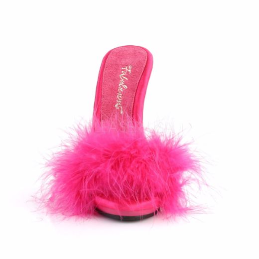 Product image of Fabulicious Poise-501F Hot Pink Satin-Marabou Fur/Hot Pink, 5 inch (12.7 cm) Heel, 3/8 inch (1 cm) Platform Sandal Shoes
