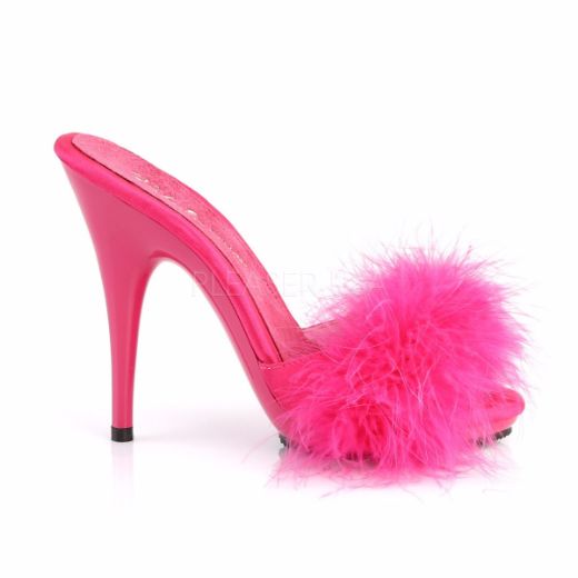 Product image of Fabulicious Poise-501F Hot Pink Satin-Marabou Fur/Hot Pink, 5 inch (12.7 cm) Heel, 3/8 inch (1 cm) Platform Sandal Shoes