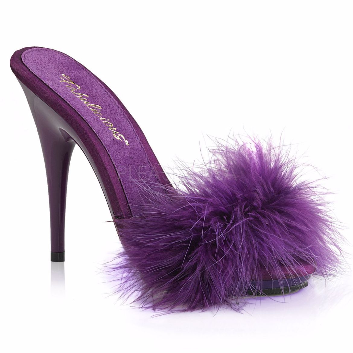 Product image of Fabulicious Poise-501F Purple Satin-Marabou Fur/Purple, 5 inch (12.7 cm) Heel, 3/8 inch (1 cm) Platform Sandal Shoes