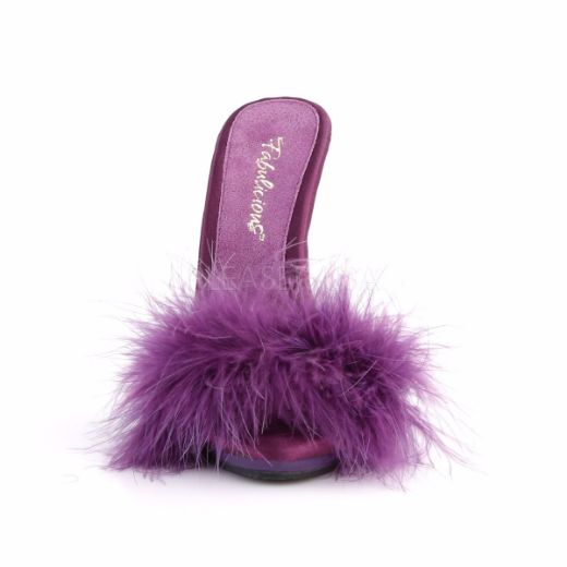 Product image of Fabulicious Poise-501F Purple Satin-Marabou Fur/Purple, 5 inch (12.7 cm) Heel, 3/8 inch (1 cm) Platform Sandal Shoes