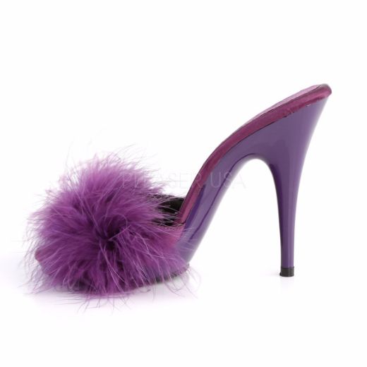 Product image of Fabulicious Poise-501F Purple Satin-Marabou Fur/Purple, 5 inch (12.7 cm) Heel, 3/8 inch (1 cm) Platform Sandal Shoes