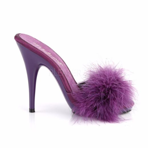 Product image of Fabulicious Poise-501F Purple Satin-Marabou Fur/Purple, 5 inch (12.7 cm) Heel, 3/8 inch (1 cm) Platform Sandal Shoes