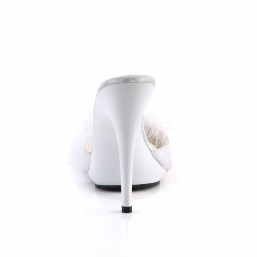 Product image of Fabulicious Poise-501F White Satin-Marabou Fur/White, 5 inch (12.7 cm) Heel, 3/8 inch (1 cm) Platform Sandal Shoes