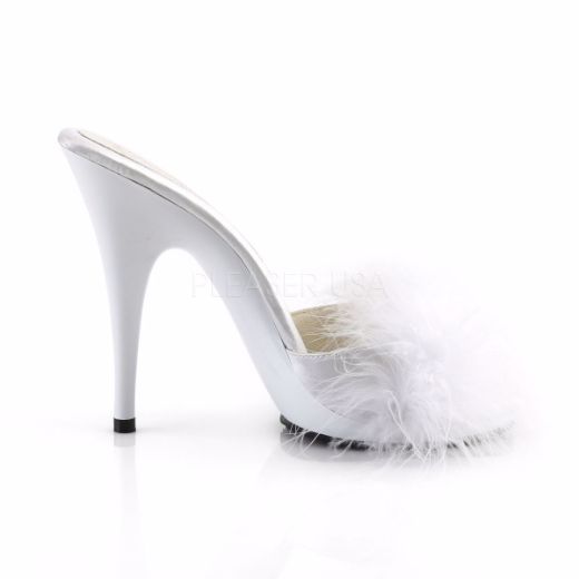 Product image of Fabulicious Poise-501F White Satin-Marabou Fur/White, 5 inch (12.7 cm) Heel, 3/8 inch (1 cm) Platform Sandal Shoes