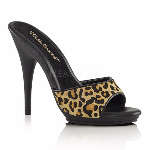 Product image of Fabulicious Poise-501Fur Leopard Print Fur/Black Matte, 5 inch (12.7 cm) Heel, 3/8 inch (1 cm) Platform Slide Mule Shoes