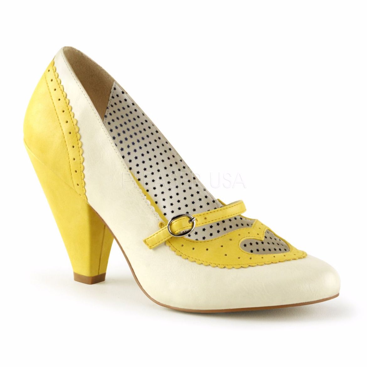 Product image of Pin Up Couture Poppy-18 Yellow-Cream Faux Leather, 3 3/4 inch (9.5 cm) Cone Heel Court Pump Shoes