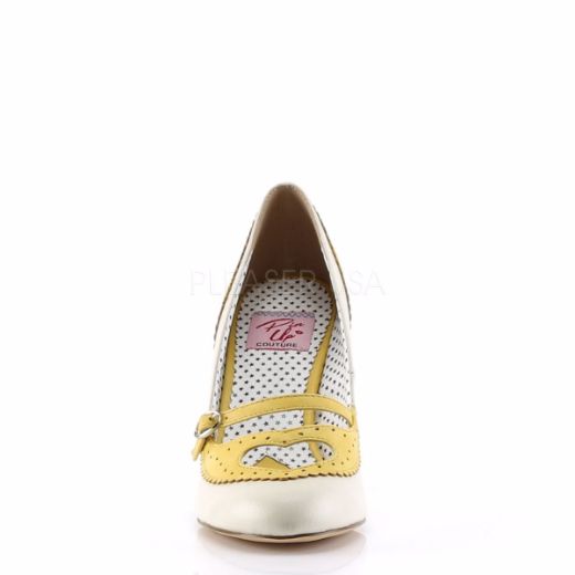 Product image of Pin Up Couture Poppy-18 Yellow-Cream Faux Leather, 3 3/4 inch (9.5 cm) Cone Heel Court Pump Shoes