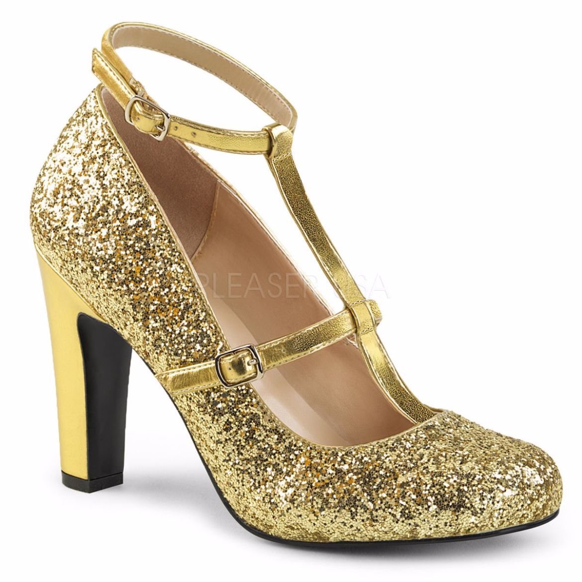 Product image of Pleaser Pink Label Queen-01 Gold Glitter-Met. Pu, 4 inch (10.2 cm) Heel Court Pump Shoes