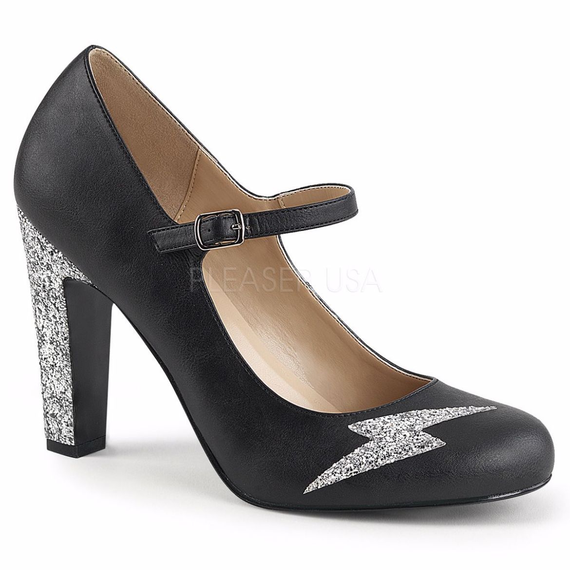 Product image of Pleaser Pink Label Queen-02 Black Faux Leather-Silver Glitter, 4 inch (10.2 cm) Heel Court Pump Shoes