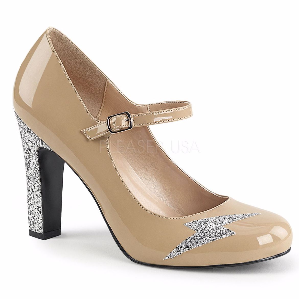 Product image of Pleaser Pink Label Queen-02 Cream Patent-Silver Glitter, 4 inch (10.2 cm) Heel Court Pump Shoes