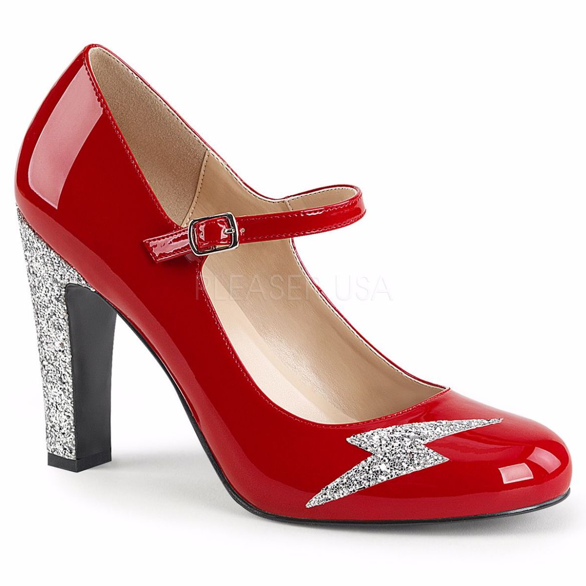 Product image of Pleaser Pink Label Queen-02 Red Patent-Silver Glitter, 4 inch (10.2 cm) Heel Court Pump Shoes
